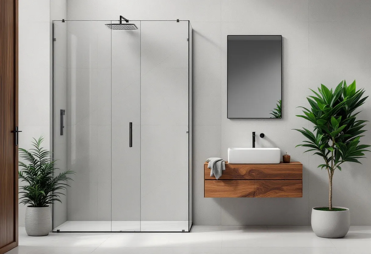 This modern bathroom features a sleek and minimalist design, emphasizing clean lines and functional elegance. The glass-enclosed shower with a rain-style showerhead adds a touch of luxury, creating a spacious and transparent feel that enhances the room's openness. The shower door handles and fixtures in matte black offer a striking contrast against the light-toned tiles, contributing to a contemporary aesthetic.

Adjacent to the shower, a floating wooden vanity provides a warm, natural element. The white rectangular vessel sink atop the vanity complements the overall color palette while maintaining a crisp and clean look. An angular mirror above the sink reflects the simple yet sophisticated style of the space. Adding a touch of greenery, a large potted plant in the corner infuses an organic, refreshing vibe that softens the modern edges, creating a harmonious blend of nature and design.