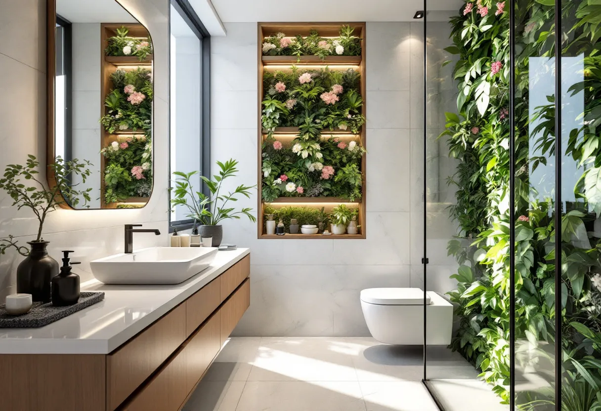 This modern bathroom showcases a sleek and serene design, combining natural elements with contemporary aesthetics. The centerpiece is a lush vertical garden integrated into the wall, bringing a vibrant and refreshing ambiance to the space. The greenery perfectly complements the soft, neutral tones of the large tiles that cover the walls, creating a harmonious blend of nature and minimalism.

A floating wooden vanity unit stretches along one side, topped with a pristine white countertop and a stylish, rectangular basin. Above the vanity, an expansive mirror enhances the sense of space and light. The incorporation of potted plants on the countertop further accentuates the natural theme, while matte black fixtures add a touch of modern sophistication. The glass-enclosed shower displays a continuation of the vertical garden, offering a serene bathing experience surrounded by verdant foliage. Overall, the design exudes a calming and contemporary feel, perfect for a tranquil retreat.