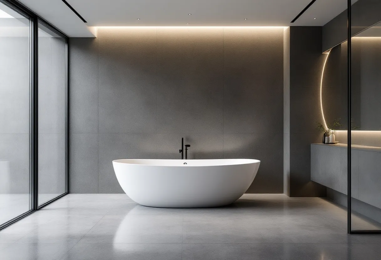 This modern bathroom exudes a minimalist elegance, characterized by its sleek lines and open feel. The centerpiece is a freestanding oval bathtub in a pristine white finish, perfectly contrasting with the dark, matte walls that surround it. The subtle yet effective use of recessed lighting along the upper edges of the walls enhances the ambiance, casting a warm glow that highlights the bathtub and creates a sense of calm and relaxation.

The clean, contemporary design is further accentuated by the seamless integration of transparent glass panels, which not only allow natural light to flood the space but also provide an unobstructed view of the bathroom’s minimalist features. On one side, a vanity area with a circular mirror and a simple countertop adds to the refined aesthetic, with a few plants serving as a touch of organic decoration. The overall effect is one of serene sophistication, where simplicity meets luxury.