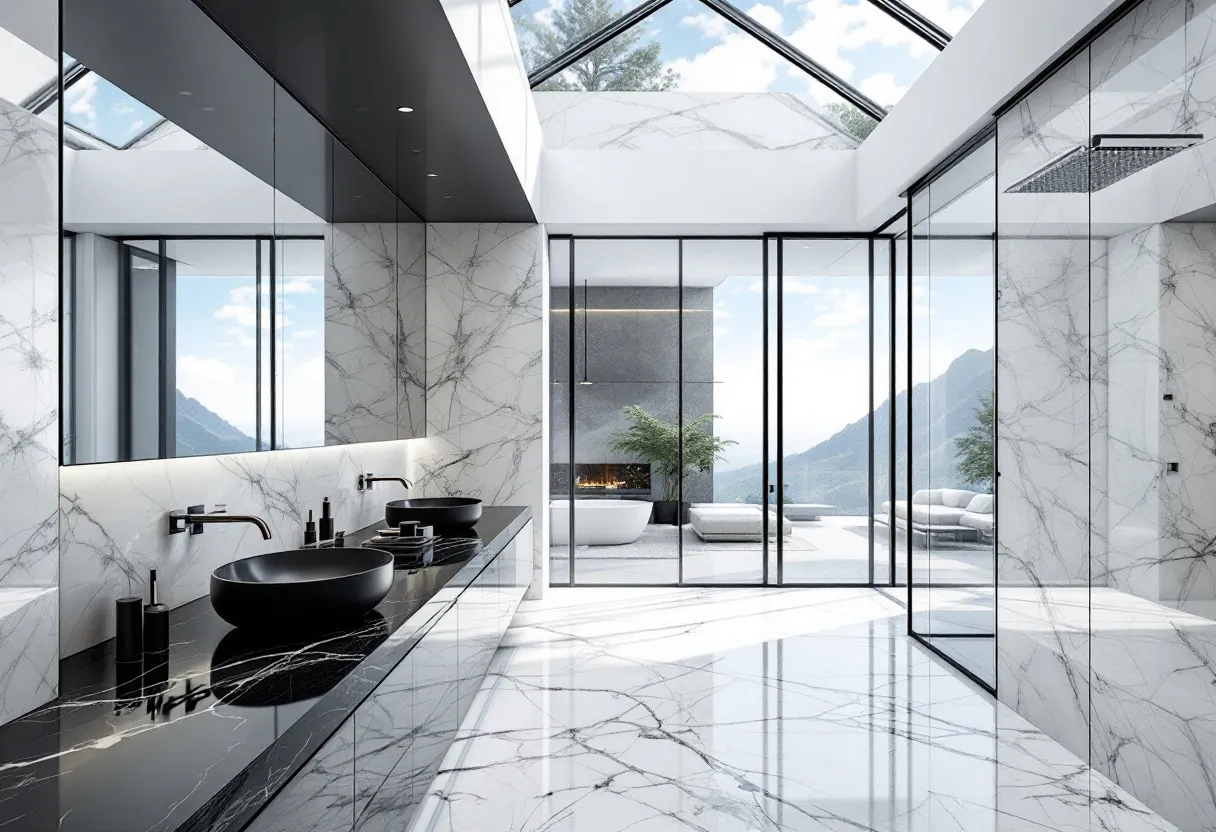 This modern bathroom exudes a sophisticated elegance with its seamless integration of luxurious materials and open design. The space is dominated by floor-to-ceiling marble, featuring subtle veining that adds depth and character. Large glass panels allow natural light to flood the room, enhancing the airy atmosphere and providing a stunning view of the mountains. The sleek black fixtures contrast effectively with the lighter tones, highlighting the contemporary aesthetic.

The focal point of the room is the expansive vanity area, which includes double black vessel sinks set on a glossy dark countertop. Ambient lighting is strategically placed, casting a warm glow across the space and complementing the minimalist decor. An overhead skylight not only adds to the illumination but also brings an element of nature indoors. This blend of natural and modern elements creates a tranquil and refined retreat.