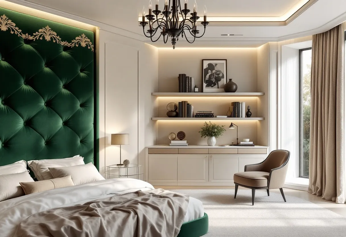 This modern bedroom exudes a sense of luxury and elegance, with its plush, tufted green headboard as the focal point. The headboard's deep emerald hue contrasts beautifully with the soft, neutral tones of the bed linens, creating a sophisticated atmosphere. The room features sleek, built-in shelving that showcases a collection of books and art pieces, subtly illuminated by warm, ambient lighting. This lighting enhances the room's modern aesthetic, highlighting the simple yet refined decor.

The bedroom is further complemented by a large window that allows natural light to flood the space, enhancing its airy and spacious feel. A comfortable chair is strategically placed near the window, perfect for relaxation or reading in natural light. The elegant chandelier provides a touch of classic charm, tying the room together with a blend of modern and traditional elements. A calm and inviting color palette, along with carefully selected furnishings, contributes to an overall atmosphere of tranquility and style.