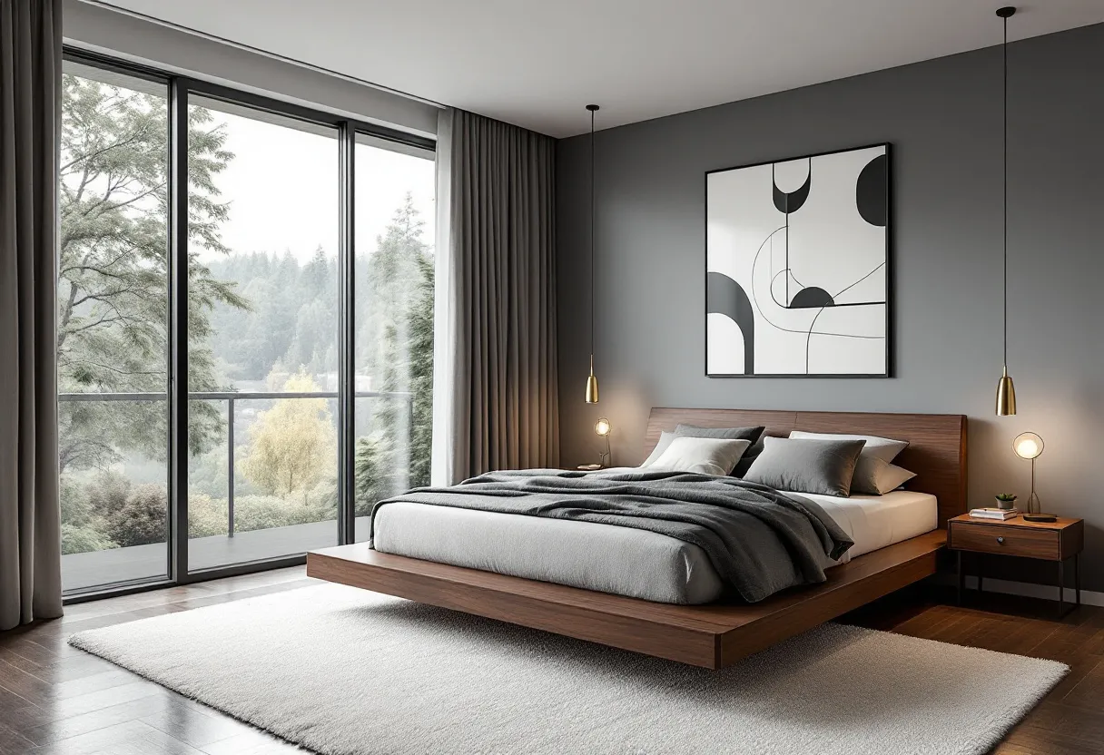 This modern bedroom exudes a sense of calm and sophistication, characterized by its sleek, minimalist design. The bed, with its clean lines and wooden frame, acts as the focal point, complemented by a pair of understated pendant lights that add a touch of elegance. The color palette is neutral, dominated by soft grays, whites, and natural wood tones, creating a serene atmosphere that is both inviting and relaxing. A large abstract artwork on the wall adds an artistic flair, drawing the eye with its simple yet impactful design.

The room's design is further enhanced by a large floor-to-ceiling window that allows natural light to pour in, highlighting the textures and colors within. It provides a stunning view of lush greenery outside, integrating nature with indoor tranquility. The soft, plush rug underfoot contrasts beautifully with the dark hardwood floors, adding warmth and comfort to the space. Overall, this bedroom is a harmonious blend of modern design elements and organic touches, creating a perfect retreat.