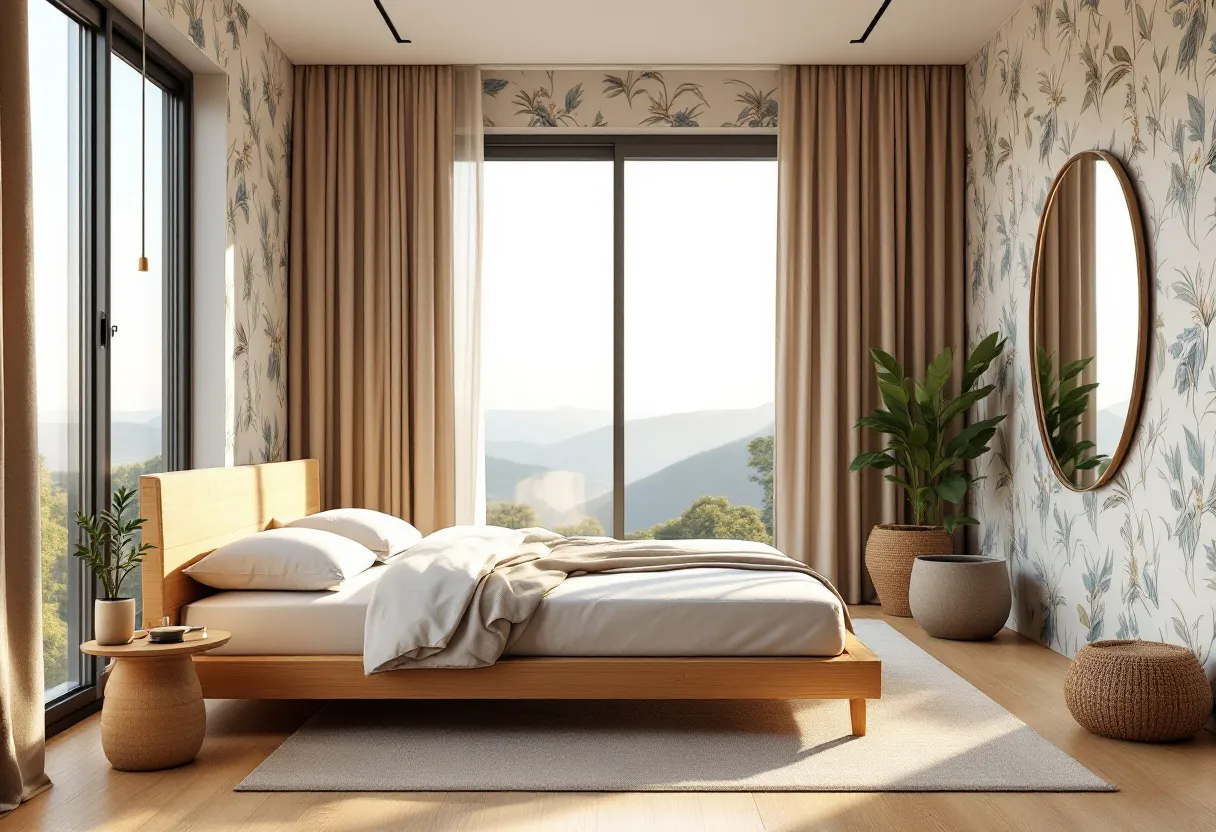 This modern bedroom exudes a serene and minimalist aesthetic. The room features a large window, allowing ample natural light to flood the space, accentuating the simplicity and elegance of the design. Neutral-toned curtains frame the window, complementing the soft color palette of the room. The bed, with its clean lines and low profile, is made of light wood, harmonizing with the wooden floor. A textured area rug adds warmth and comfort underfoot, enhancing the cozy atmosphere.

A decorative touch is provided by the wallpaper with a subtle botanic pattern, adding a touch of nature to the room. An oval mirror on the wall reflects light and gives the illusion of more space, while two potted plants introduce greenery, contributing to the tranquil vibe. Simple, understated side tables hold minimal decorations, reinforcing the room's uncluttered feel. These elements together create a balanced and harmonious living environment, perfect for rest and relaxation.