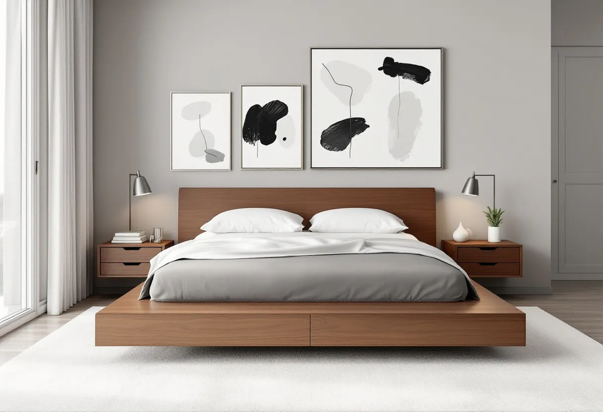 This modern bedroom features a sleek and minimalist design, accentuated by clean lines and neutral tones. The centerpiece is a platform bed with a rich wooden frame and headboard, accompanied by a pair of matching nightstands on either side. Above the bed, three abstract black and white art pieces add a touch of contemporary flair, balancing the simplicity of the room with a subtle artistic element.

The room is further enhanced by natural light streaming through large windows, covered with light, sheer curtains. This openness contributes to the airy and spacious feel of the bedroom. Modern table lamps sit atop the nightstands, providing practical and stylish lighting options. The room’s decor is completed with minimal accessories, such as a small plant and a decorative vase, maintaining the theme of understated elegance.