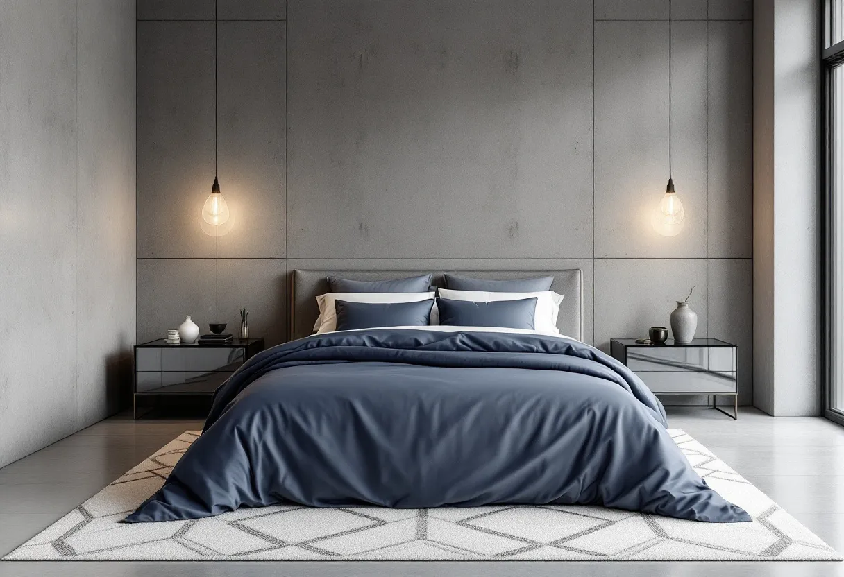 This modern bedroom features a minimalist yet elegant design with a focus on clean lines and soothing colors. The walls are a soft gray, providing a neutral backdrop that complements the rest of the decor. The centerpiece is a sleek bed with matching blue-gray bedding, including plush pillows that add a sense of comfort. The bed sits atop a patterned rug which introduces a subtle geometric element to the room.

On each side of the bed, there are modern nightstands topped with decorative items like small vases and artworks, adding a personal touch. Overhead, two pendant lights hang symmetrically, casting a warm glow that accentuates the room’s serene ambiance. Large windows allow natural light to flood in, enhancing the room's airy feel and creating a connection with the outdoor environment.