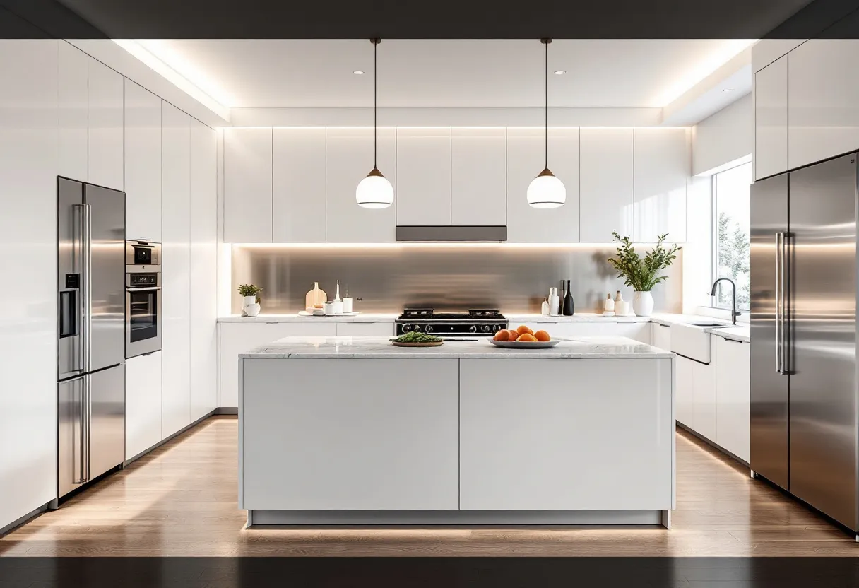 This modern kitchen features a sleek and clean design, emphasizing functionality and minimalism. The cabinetry is a crisp white, creating a bright and airy atmosphere. The kitchen island is at the center, topped with a smooth marble surface that adds elegance to the space. Pendant lights hanging above the island provide focused lighting, enhancing the overall aesthetic.

The appliances are seamlessly integrated into the cabinetry, maintaining a streamlined appearance. A large stainless-steel refrigerator complements the minimalist design, while a built-in oven and a sleek stovetop offer practicality for cooking enthusiasts. The backsplash is understated yet sophisticated, reflecting subtle lighting. Natural light from the window highlights the modern fixtures and the chic decor, including a few carefully placed vases and kitchen essentials.