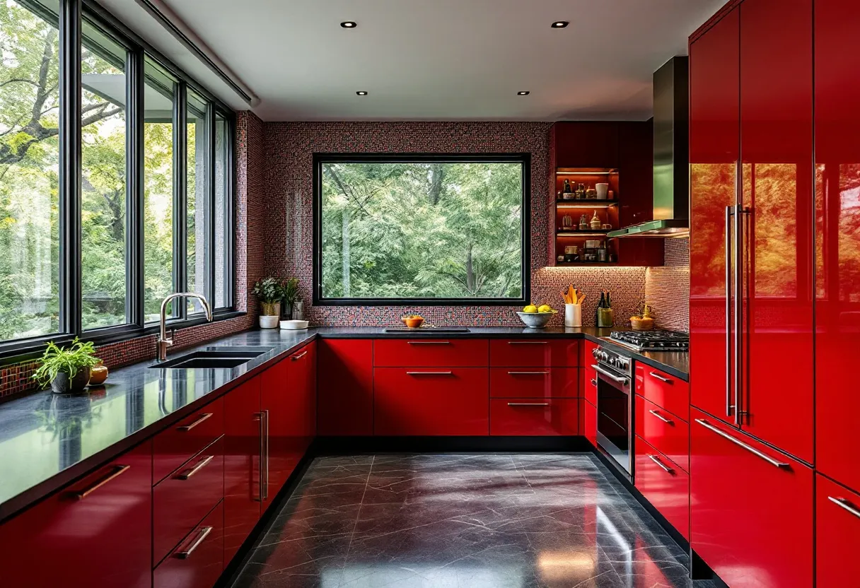 This modern kitchen features a striking red color scheme that exudes boldness and energy. The glossy red cabinets offer a sleek and contemporary look, creating a vibrant contrast against the dark countertops. The room is bathed in natural light, thanks to the large windows that provide a stunning view of the lush greenery outside. This not only brightens the space but also brings a sense of the outdoors inside, enhancing the overall ambiance.

The layout is highly functional, with streamlined cabinetry and ample storage options. Stainless steel appliances blend seamlessly into the design, adding a touch of sophistication and modernity. The kitchen’s design is punctuated by thoughtful details, such as the polished handles and under-cabinet lighting, which enhance both its aesthetic and practicality. The overall effect is a dynamic and inviting space that balances style and function in a beautifully cohesive manner.