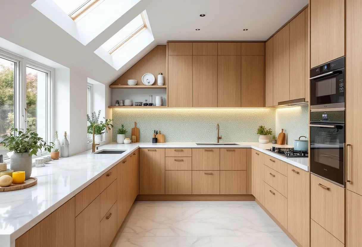 This modern kitchen embodies a sleek and sophisticated design, characterized by its use of warm, natural wood cabinetry that brings an inviting atmosphere to the space. The cabinets are complemented by streamlined, handleless draws and doors, which emphasize the minimalist aesthetic. The countertop and backsplash are made of crisp, white materials, creating a clean contrast with the wooden elements. Recessed lighting underneath the upper cabinets adds a touch of elegance and highlights the subtle patterns of the backsplash, while the open shelving above provides a stylish space to display kitchenware or decorative items.

The kitchen's functionality is enhanced by the abundant natural light streaming in from the large skylights and windows, making it feel airy and spacious. A variety of potted plants are strategically placed along the windowsill and countertops, bringing a touch of greenery and life into the setting. Modern appliances, including a built-in oven and a sleek gas stove, are seamlessly integrated into the cabinetry, maintaining the kitchen’s cohesive look. Overall, the kitchen balances form and function, offering a stylish and efficient environment for cooking and gathering.