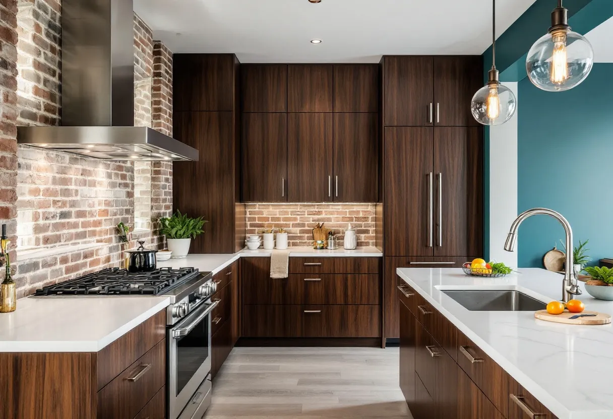 This modern kitchen exudes a warm and inviting ambiance with its combination of natural materials and sleek design elements. The rich, dark wood cabinetry provides a striking contrast against the exposed brick backsplash, which adds a rustic touch to the space. The white countertops offer a clean and bright surface, enhancing the overall light in the room. Stainless steel appliances, including a prominent range hood, contribute a contemporary and functional flair, seamlessly integrating into the kitchen's aesthetic.

The kitchen's layout is thoughtfully designed for efficiency and style, featuring an island with a built-in sink that serves as both a practical workspace and a social hub. The pendant lights above the island incorporate an industrial design with exposed bulbs, adding a layer of visual interest and complementing the kitchen's modern-rustic theme. Accents like the potted plants and neatly arranged kitchenware further the sense of harmony, creating a cozy yet sophisticated environment perfect for cooking and entertaining.