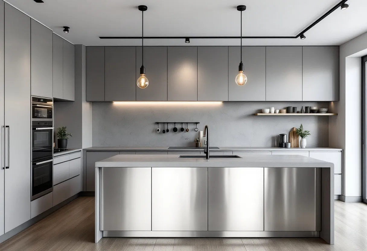 This modern kitchen features a sleek and minimalist design, exuding a sense of sophistication and efficiency. The color palette is dominated by cool gray tones, which give the space a clean and calming ambiance. The cabinetry is seamless and handleless, contributing to the uncluttered aesthetic. Above the countertops, simple pendant lights provide focused illumination, enhancing the space's contemporary feel. The large central island, with its smooth surface, serves as both a functional workspace and a social gathering spot.

The mix of materials adds to the kitchen's modern appeal. Stainless steel elements, such as appliances and the sleek faucet, complement the subdued hues and bring a hint of industrial chic. Open shelving displays an array of neatly arranged dishware, adding warmth and personality without disrupting the overall minimalist theme. Natural light floods through the windows, enhancing the airy atmosphere and highlighting the thoughtful layout that balances functionality with style.