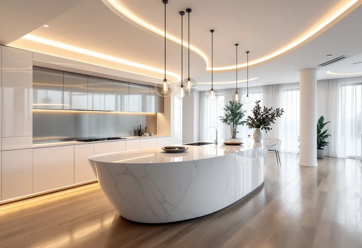 This modern kitchen exudes a sleek and sophisticated aesthetic, characterized by its clean lines and minimalist design. The centerpiece is a stunning, curved island with a glossy, marble-like surface that complements the light wooden floor, adding warmth and elegance to the space. Above the island, a series of pendant lights with clear glass globes hang delicately, casting a soft glow and enhancing the contemporary feel. The cabinetry is seamless and handleless, providing a streamlined look that emphasizes the kitchen's modernity.

Natural light floods the room through large, sheer-draped windows, enhancing the airy and open atmosphere. The kitchen extends into a dining area, where modern white chairs surround a sleek table, creating a cohesive space for entertaining. The subtle integration of greenery through potted plants adds a touch of nature, bringing life and vibrancy to the setting. Overall, the kitchen's thoughtful design and elegant finishes create a harmonious balance between functionality and style.