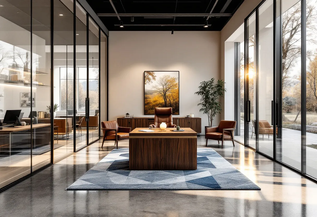 This modern office exudes a sleek and minimalist aesthetic, featuring a spacious, well-lit environment with expansive glass walls that foster transparency and openness. The polished concrete floors add an industrial edge, creating a contrast with the warm wooden elements found in the desk and chairs. The office is designed with functionality and style in mind, with clean lines and a neutral color palette that promotes a calm and focused atmosphere.

The centerpiece of the office is a large wooden desk, set atop a geometric-patterned rug that introduces subtle color and texture. Behind the desk, a striking piece of art depicting a serene landscape complements the natural light streaming through the floor-to-ceiling windows, enhancing the connection between the indoor workspace and the outdoor scenery. The careful placement of a potted plant not only softens the space but also adds a touch of nature, emphasizing the modern trend of biophilic design.