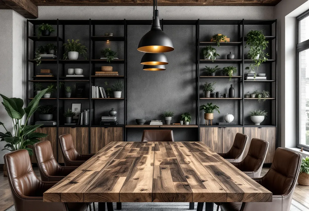 This modern office features a harmonious blend of natural materials and industrial design elements, creating a sophisticated and welcoming atmosphere. The central focus is a large wooden table with a rustic finish, surrounded by comfortable, leather-upholstered chairs that suggest both style and functionality. Above the table, a trio of industrial-style pendant lights provides focused illumination, emphasizing the room’s sleek and contemporary vibe.

The backdrop of the office is dominated by a floor-to-ceiling shelving unit that blends open and closed storage options. These shelves, filled with an array of potted plants and tasteful decor items, bring an element of nature indoors, enhancing the room's aesthetic appeal. The warm, earthy tones and textures of the materials are complemented by the natural light filtering through the large window, which softens the space and creates a vibrant yet calming environment.