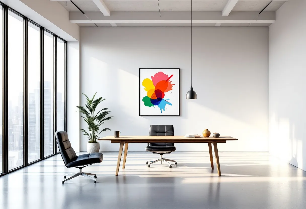 This modern office exudes a sense of minimalistic elegance, characterized by its clean lines and open space. A large, wooden desk stands at the center, providing a focal point and workspace. Flanking the desk are two sleek and comfortable office chairs, designed in a classic black leather style that complements the overall aesthetic. The polished concrete floor enhances the room's contemporary appeal, while the floor-to-ceiling windows along one wall flood the space with natural light, creating a bright and airy environment.

Adding a touch of vibrancy and personality, a colorful abstract painting hangs on the wall, offering a splash of dynamic color that contrasts with the neutral tones of the office. A potted plant stands beside the desk, introducing a hint of nature and freshness to the workspace. The simple, black pendant light hanging above the table adds a modern touch, providing focused illumination. Overall, this office blends functionality with style, creating an inviting and inspiring place to work.