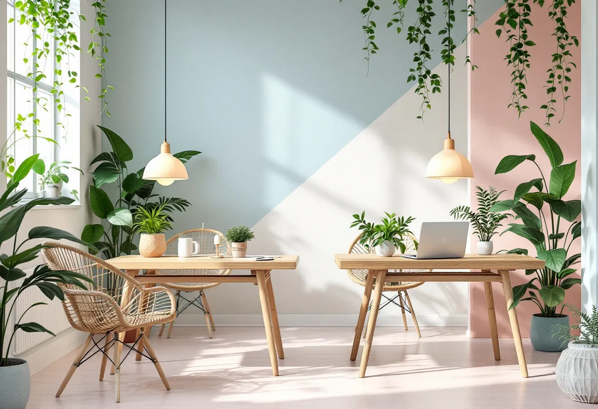 This modern office features a serene and inviting atmosphere created by its thoughtful design elements. The walls are painted with a soft, two-tone palette of pastel colors, enhancing the calming aesthetic of the space. Hanging plants cascade from the ceiling, adding a touch of natural vibrancy and freshness. The workspace is furnished with light wooden tables, each neatly arranged with essential items and greenery, which blends seamlessly with the overall décor. Large windows allow ample natural light to flood the room, further amplifying the bright and airy feel of the office.

The seating consists of wicker-style chairs, which contribute to the natural and minimalist theme. Pendant lights hanging above the desks provide a warm and cozy glow, suitable for work and relaxation alike. The presence of various potted plants, both on the desks and around the office, creates a dynamic vibe and encourages a connection to nature. This harmonious blend of natural elements and functional design showcases a workspace that is both aesthetically pleasing and conducive to productivity.