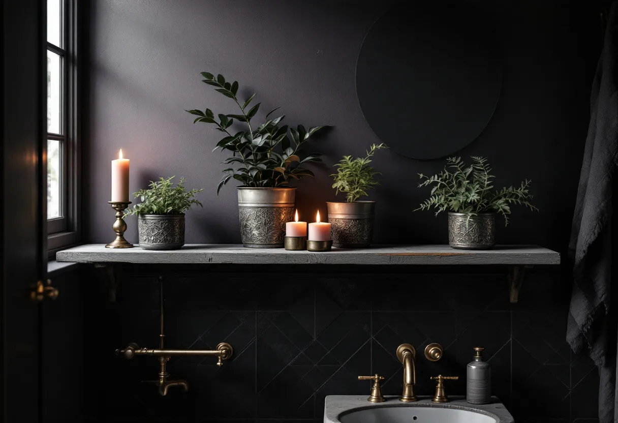 This moody bathroom exudes elegance and a sense of calm with its dark, sophisticated color palette. The deep, charcoal walls create an intimate atmosphere, enhanced by the soft glow of candles perched on a rustic wooden shelf. These candles, combined with the natural light streaming in from the window, cast gentle shadows that dance across the room, adding depth and warmth to the space. 

Lush green plants in ornate metal pots bring a touch of nature into the room, contrasting beautifully with the dark tones surrounding them. The gold fixtures add a hint of luxury, catching the light and providing a focal point against the understated backdrop. Together, these elements create a serene sanctuary that invites relaxation and reflection.