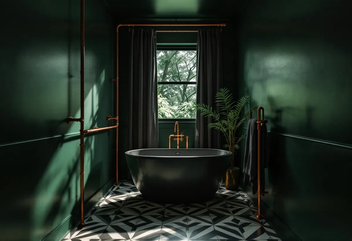 This moody bathroom exudes a sense of elegance and sophistication. The deep, dark green walls create a calming, enveloping atmosphere, enhancing the room's tranquil ambiance. The copper piping accents add an industrial yet luxurious touch, contrasting beautifully with the dark hues of the walls. The freestanding black bathtub serves as the centerpiece, its sleek design making a bold statement against the richly colored backdrop.

The geometric patterned floor introduces a dynamic element, adding visual interest while maintaining the room's overall sophisticated theme. Large windows draped with dark curtains allow soft, natural light to filter in, casting gentle shadows that play across the surfaces. A lush green plant adds a hint of nature, complementing the room's dark tones and creating a harmonious balance between the various elements.