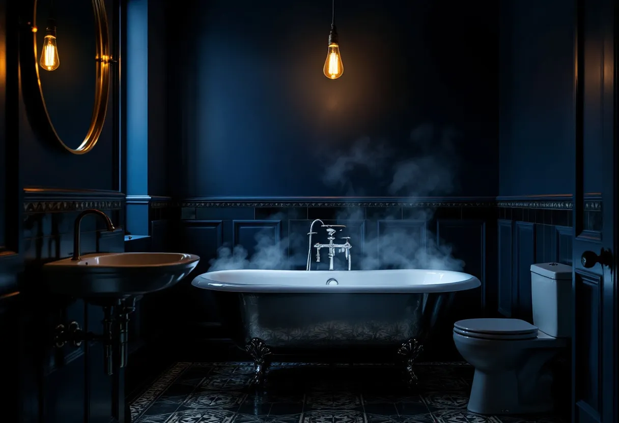 This moody bathroom exudes a sense of elegance and mystery with its deep, rich tones of dark blue enveloping the space. The lighting, from the lone exposed bulb, casts a warm glow, creating atmospheric shadows that play across the intricately patterned floor tiles. The centerpiece, a vintage-style clawfoot bathtub, exudes an aura of tranquility with gentle wisps of steam rising from it, inviting relaxation and retreat. The gold-framed mirror reflects the soft light, adding a touch of opulence to the otherwise understated décor.

The room’s high wainscot paneling enhances the feeling of sophistication while blending harmoniously with the overall dark palette. The sleek fixtures, including the elegantly curved faucet and the understated sink, contribute to the room’s timeless appeal. Together, these elements create a tranquil sanctuary that feels both intimate and luxurious, perfect for a calming escape from the everyday.