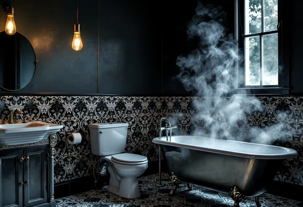 This moody bathroom exudes an atmospheric charm through its use of deep, dark tones complemented by classic design elements. The walls are adorned with intricately patterned wallpaper, blending seamlessly with the elegant floor tiles, contributing to an aura of sophistication. Above the vintage-style console sink, a single exposed bulb casts a warm, ambient glow, enhancing the intimate mood of the space. A round mirror adds a touch of elegance and reflects the subtle lighting, creating an inviting and slightly mysterious ambiance.

In the corner, a clawfoot bathtub, gracefully timeless, stands as a centerpiece beneath the softly streaming light from a nearby window. The gentle mist rising from the tub suggests a relaxing, serene environment, perfect for unwinding after a long day. The combination of natural and artificial lighting gives the bathroom a cozy, yet luxurious feel, creating a perfect balance between comfort and opulence. This moody bathroom design is both functional and aesthetically pleasing, offering a tranquil retreat filled with style and character.