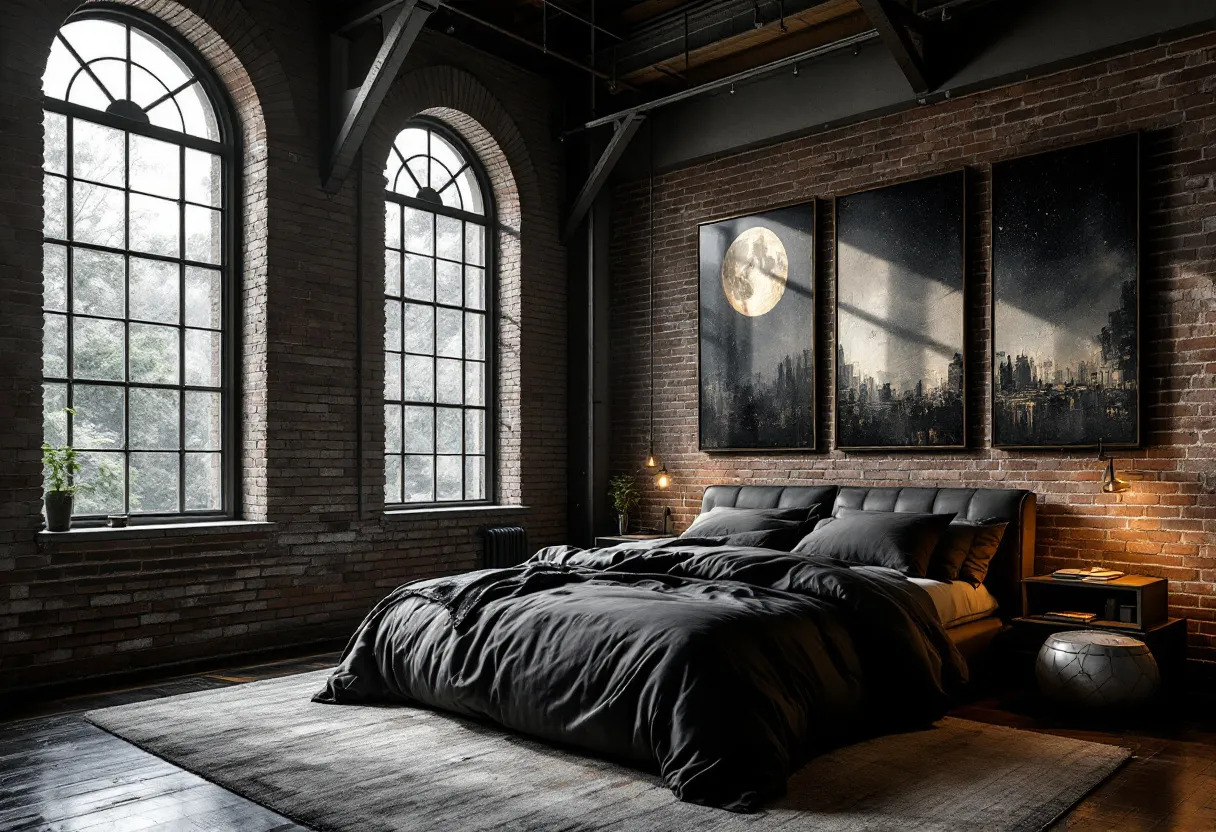 This moody bedroom exudes an industrial yet cozy ambience, characterized by its dark and textured elements. The exposed brick walls contribute to a raw and rustic atmosphere, enhanced by soft lighting that creates subtle, intimate shadows. The centerpiece of the room is the large, inviting bed adorned with dark, plush bedding that complements the overall color scheme. The dimly lit pendant lights on either side add a gentle, warm glow, balancing the room’s darker tones.

The large, arched windows allow natural light to filter through, casting interesting patterns on the floor and walls, while offering a glimpse of the outdoors. Above the bed, a set of atmospheric artwork featuring a cityscape under a luminous moon captures the eye, adding a touch of mystery and depth to the space. The combination of the brick texture, thoughtful lighting, and minimalistic yet effective decor elements work together to create a space that is both serene and striking, inviting relaxation and contemplation.