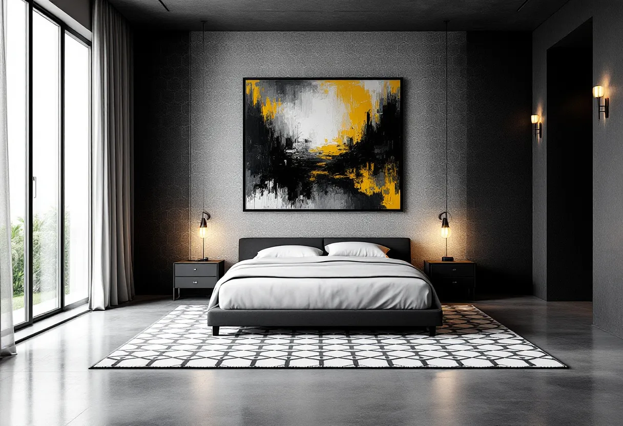 This moody bedroom exudes a sophisticated and serene atmosphere through its use of a restrained color palette. The dominant grays and blacks create a deep, calming backdrop that is contrasted by the striking abstract artwork above the bed, which introduces bold yellow and white elements. The bed itself is inviting, with crisp white linens that stand out against the dark bed frame, adding a touch of elegance and simplicity. The geometric rug beneath the bed complements the room's aesthetic, offering a subtle pattern that enhances the visual interest without overpowering the space.

The room is thoughtfully illuminated with warm lighting from the hanging pendant lights on either side of the bed, casting a gentle glow that enhances the moody ambiance. Tall curtains frame the large window, allowing natural light to filter through, softening the room’s overall tone with a gentle brightness during the day. The balance of textures, from the smooth floors to the textured walls, adds depth to the room, making it both a stylish and restful retreat.