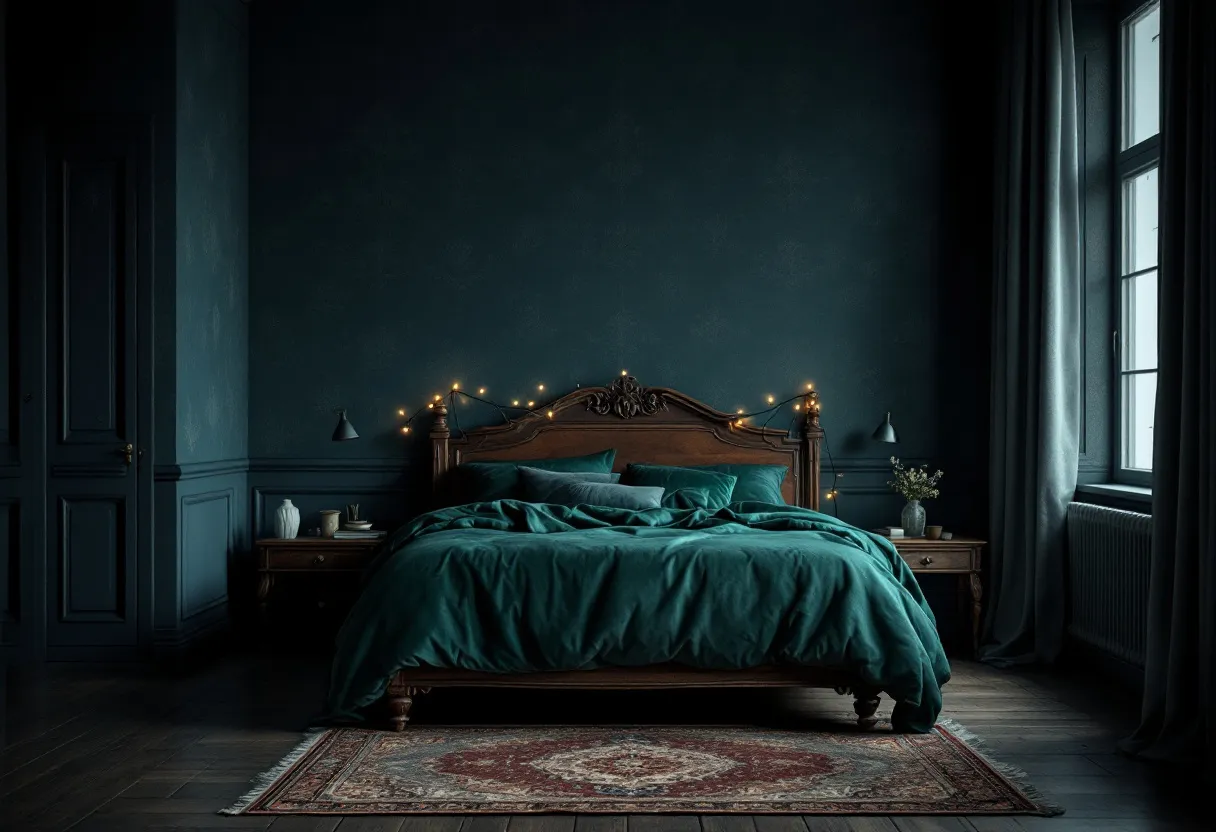 This moody bedroom exudes a sense of calm and sophistication, enveloped in deep, rich tones. The walls are painted a dark, atmospheric shade that complements the luxurious wooden bed frame at the center of the room. The bed is adorned with sumptuous, dark teal bedding, creating an inviting and cozy focal point. Soft, ambient lighting, including string lights draped around the headboard, diffuses a gentle glow that enhances the room’s intimate ambiance. This delicate illumination is echoed by the elegant sconces affixed to the walls, providing just enough light to highlight the room's serene character.

Dark wooden floors anchor the space, adding warmth and depth, while a vintage-style rug adds a touch of elegance beneath the bed. Large windows are dressed with heavy curtains, allowing control over light and privacy while contributing to the overall moodiness of the room. The bedside tables on either side of the bed hold minimalistic yet tasteful decor, including a small vase of flowers, enhancing the room’s tranquil yet refined vibe. Overall, the bedroom is a haven of comfort, offering a perfect retreat for rest and relaxation.