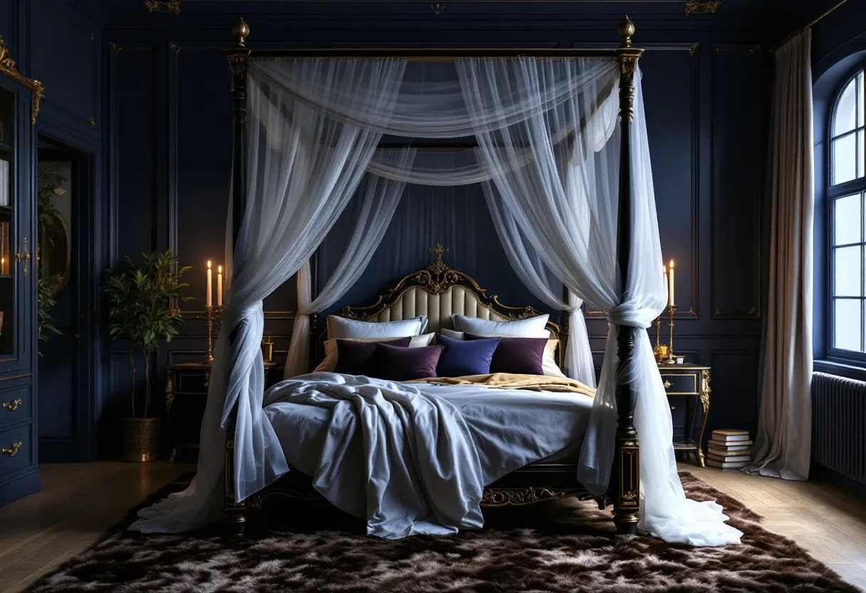 This moody bedroom exudes luxury and elegance, creating a serene yet intriguing ambiance. The room features a grand canopy bed draped with soft, flowing white curtains, adding a romantic touch to the space. Rich navy walls envelop the room, providing a deep contrast to the bright white bedding and the array of plush pillows in hues of purple and blue. The opulent headboard is adorned with intricate gold details, which complement the ornate bedposts and accentuate the regal feel of the space.

Soft, ambient lighting adds warmth to the room, with gentle candlelight glimmering from elegant holders on the bedside tables. In the corner, a potted plant adds a hint of nature, breaking up the darker tones and providing a touch of freshness. The wooden floors are covered with a plush, dark fur rug, enhancing the cozy atmosphere. Overall, this room combines elements of sophistication and comfort, making it an inviting retreat.