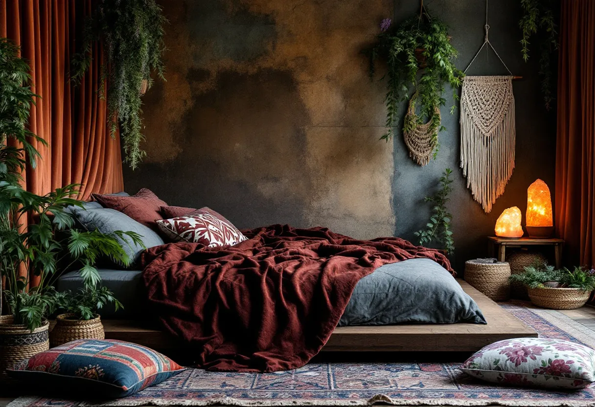 This moody bedroom exudes warmth and tranquility, with its deep color palette and rich textures. The walls are painted in a subtle, earthy gradient that provides a calming backdrop. A plush bed is adorned with a burgundy throw and complementary patterned pillows, inviting comfort and relaxation. The floor is accented by a rustic, woven rug that adds a layer of coziness and complements the room's natural elements.

Adding to the ambiance, soft lighting emanates from salt lamps, casting a gentle glow that enhances the room's serene atmosphere. Lush greenery is thoughtfully placed, with cascading plants and wicker baskets that bring a touch of nature indoors. A macramé wall hanging adds an artistic touch, seamlessly blending with the bohemian aesthetic. Heavy, rust-colored curtains frame the space, adding an extra layer of texture and depth, while ensuring privacy and warmth.