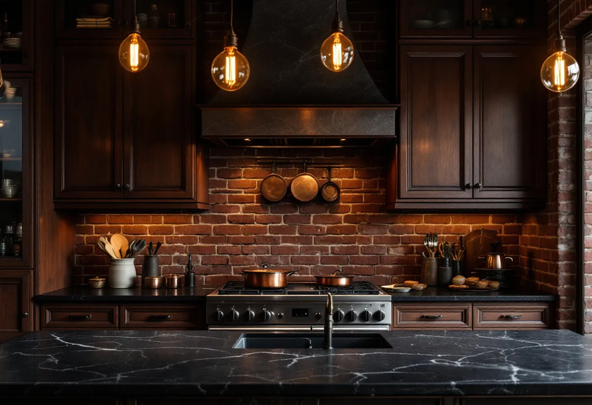 This moody kitchen exudes a warmth and sophistication, with its rich dark tones and ambient lighting. The exposed brick wall gives it an industrial-chic vibe, complemented by the deep wooden cabinets that line the space, adding depth and character. Hanging from the ceiling, vintage-style pendant lights cast a gentle glow, enhancing the room's cozy atmosphere. The countertops, crafted from dark marble with subtle veining, provide a sleek and luxurious look, perfectly offset by the rustic charm of the cookware displayed within easy reach.

The focal point of the kitchen is undoubtedly the impressive stove, flanked by a cohesive arrangement of utensils and accents that suggest both functionality and style. Copper pots and pans hang decoratively along the brick wall, their warm tones echoed by various metallic accents throughout the kitchen. The blend of textures, from the smooth marble to the rugged brick, creates a harmonious environment that invites both culinary creativity and intimate gatherings.