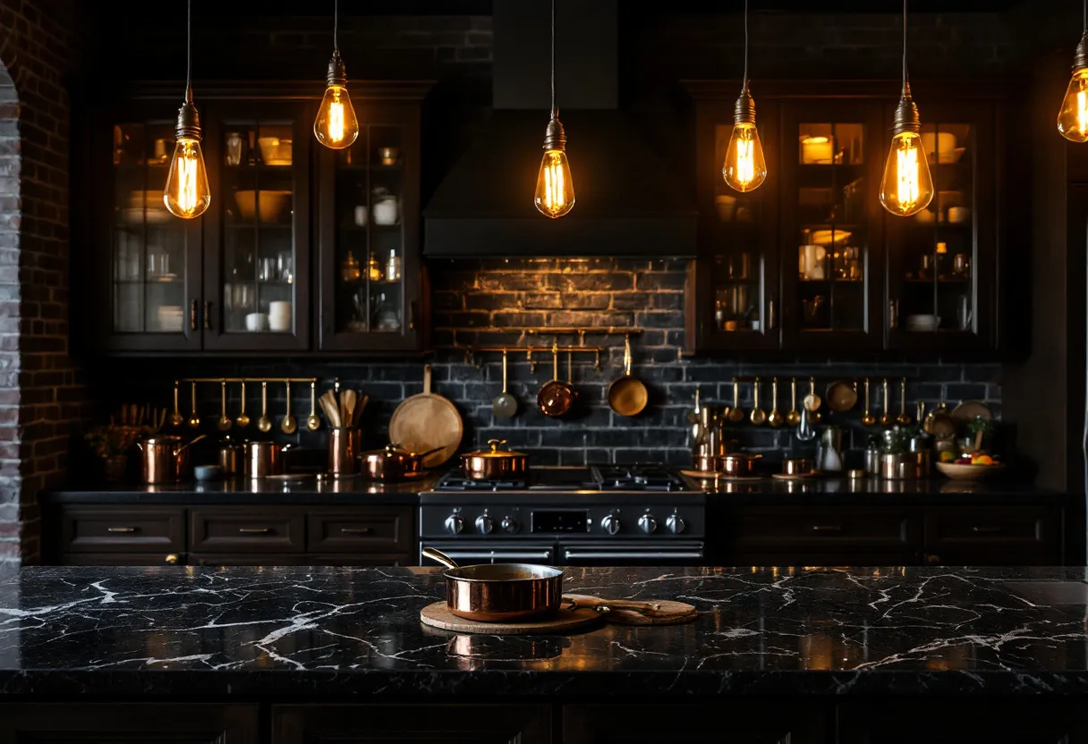 This moody kitchen exudes an ambiance of sophistication and warmth, characterized by its dark, rich tones and a subtle play of light and shadow. The dark cabinets, likely crafted from a deep-stained wood, provide a striking backdrop, enhanced by the illumination from hanging Edison-style bulbs. These lights cast a warm, golden glow, enhancing the intricate details of the polished black marble countertops. The marbling effect on the countertops adds a touch of elegance and luxury, while the dark brick backsplash adds a rustic yet refined texture to the space.

The presence of copper pots and pans hanging from a rack adds a touch of vintage charm, harmonizing with the overall aesthetic. This choice of metallic accents not only complements the dark tones but also aids in reflecting the warm lighting, adding depth and dimension to the kitchen. The glass-front cabinets reveal a glimpse of neatly organized dishware, hinting at a balance of functionality and style. Overall, this kitchen offers a cozy, inviting atmosphere that is both modern and timeless, designed to be a welcoming space for cooking and socializing.