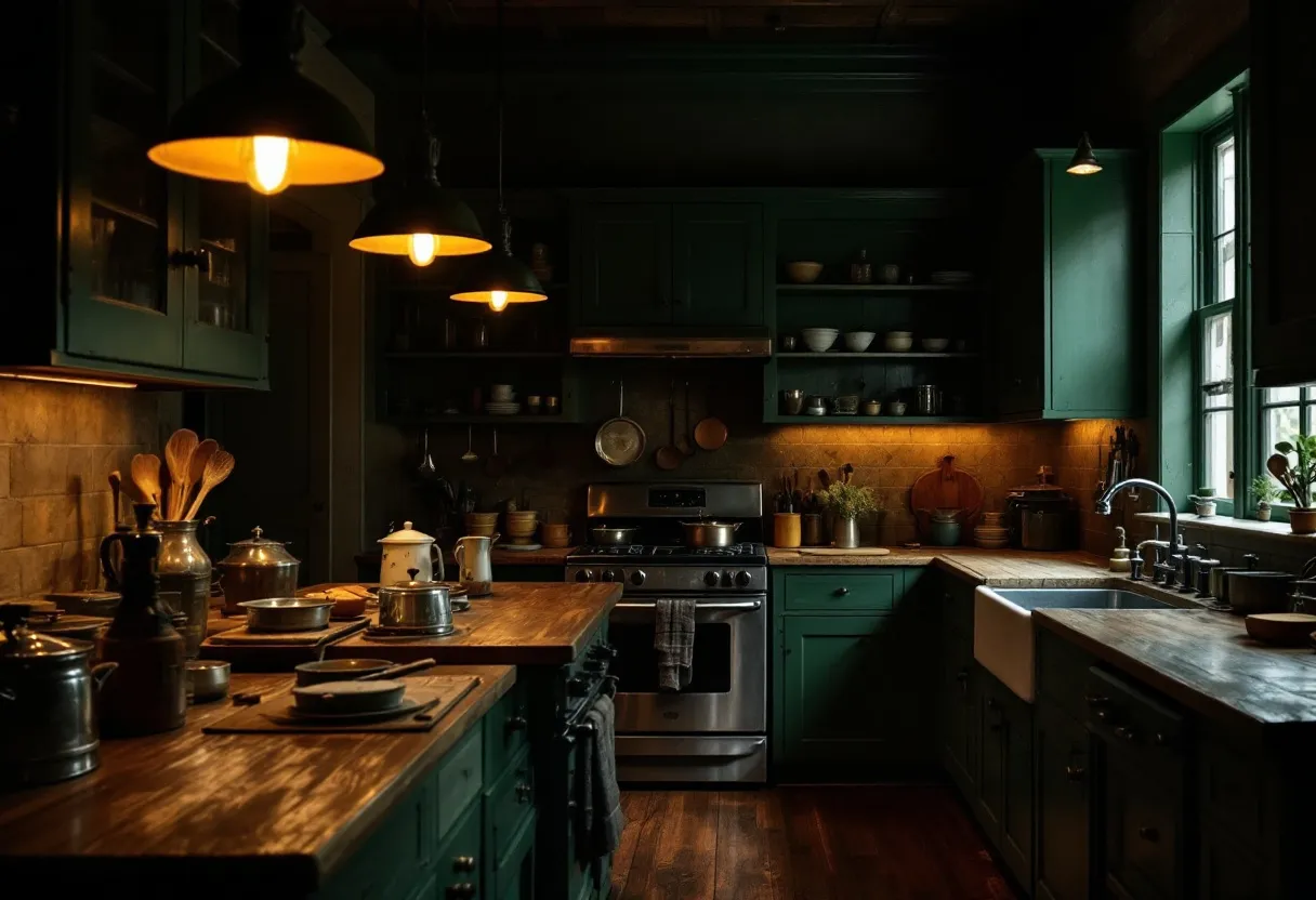 This moody kitchen exudes warmth and character through its rich, earthy tones and cozy lighting. The dark green cabinetry sets a deep, calming foundation, contrasting beautifully with the warm glow from the overhead pendant lights. The wooden countertops add an organic, rustic touch, highlighting the kitchen’s charming, lived-in feel. The subtle interplay of shadows and light creates an inviting atmosphere, perfect for quiet mornings or intimate evening gatherings.

The understated elegance of the decor is complemented by practical elements that suggest a space designed for both comfort and functionality. The open shelves display a collection of well-used pots, pans, and tableware, lending a sense of authenticity and warmth. Meanwhile, potted plants by the window introduce a hint of nature, softening the overall aesthetic with their vibrant greenery. This carefully curated ensemble of textures and tones creates a kitchen that feels both timeless and welcoming.