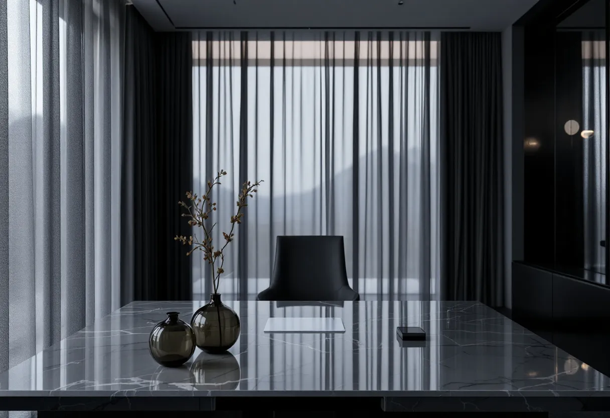 This moody office exudes a sense of calm sophistication. The space is dominated by a large, sleek marble desk that reflects a subtle sheen under the soft ambient lighting, giving the room a refined elegance. The color palette is composed of muted grays and blacks, which enhances the serene atmosphere. At the center of the desk, two minimalist vases hold delicate, dried branches, adding a touch of nature that contrasts with the modern surroundings. The sheer curtains allow diffused natural light to filter in, creating gentle shadows and engaging play of textures on the smooth surface of the desk.

The seating arrangement is understated yet stylish, featuring a single, elegant chair positioned behind the desk, inviting contemplation and focus. The dark, heavy curtains provide a backdrop that highlights the sparse yet deliberate decor choices, allowing each element in the room to stand out with clarity. This office is a perfect blend of minimalism and functionality, evoking an environment that is both introspective and productive. The overall mood is one of quiet authority, where every detail contributes to an ambiance of thoughtful purpose.