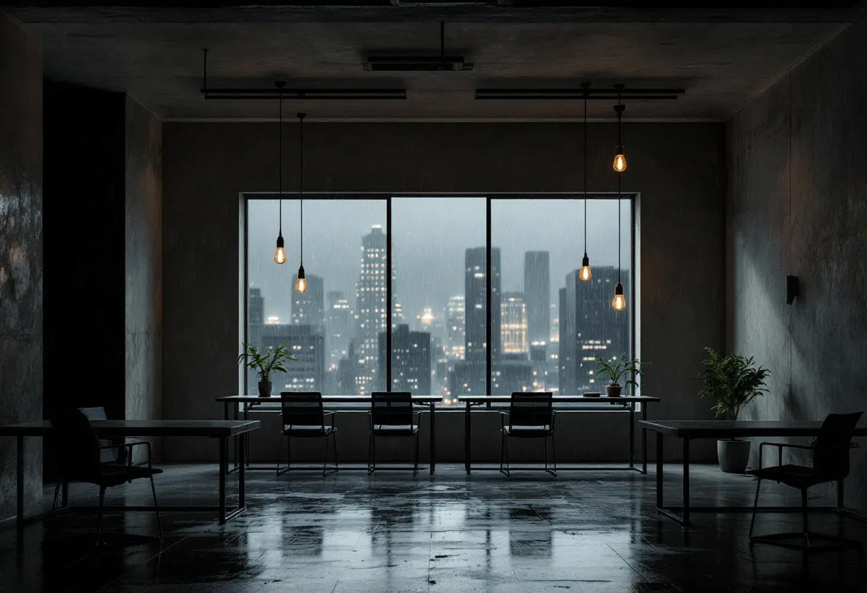 This moody office exudes a sense of contemplative serenity with its dimly lit ambiance and minimalist design. The room is dominated by an expansive window that offers a mesmerizing view of a rain-drenched cityscape, the diffused glow of city lights reflecting off the wet surfaces. The concrete walls and floors, coupled with the dark furniture, create a stark yet sophisticated atmosphere, enhancing the moodiness of the setting. The hanging pendant lights, dimly glowing, add a touch of warmth and intimacy, casting soft shadows that dance across the room.

In contrast, the inclusion of a few carefully placed green plants softens the otherwise austere space, introducing a touch of vitality and color. The reflection of the wet floor amplifies the dramatic effect, mirroring the room’s subdued lighting and the window’s vista. This harmonious blend of urban and natural elements evokes a sense of calm introspection, inviting one to pause and reflect within the tranquil embrace of this moody office.