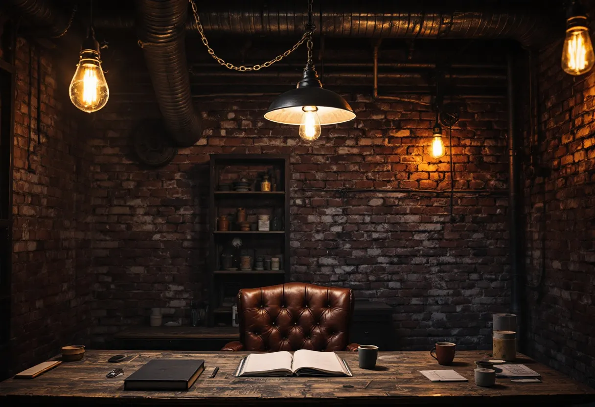 This moody office exudes an industrial charm, highlighted by its exposed brick walls and visible ductwork overhead. The lighting is intentionally dim, with vintage-style hanging bulbs casting a warm, amber glow that creates a cozy yet mysterious ambiance. The centerpiece is a substantial wooden desk, which shows signs of wear that add character to the scene. Atop the desk sits an open book, inviting a sense of curiosity and contemplation. The surrounding elements, like the leather chair, contribute to the office's old-world allure, echoing a space where creativity and studious activities might flourish.

The office's color palette remains consistent with deep, earthy tones. The rich brown of the leather chair complements the reds and browns of the brick seamlessly. Shelves on the back wall display an array of meticulously arranged items, ranging from books to small containers, suggesting a space that values both aesthetics and practicality. The overall design choice contributes to a serene, secluded retreat, ideal for focused work, thought, or perhaps reflection. The warmth of the room hints at stories and secrets, making it a timeless and intriguing environment.