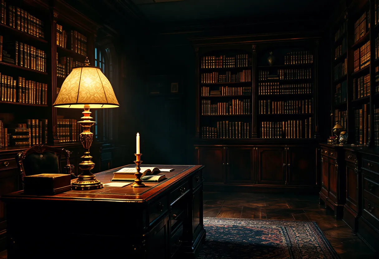 This moody office exudes an aura of sophistication and introspection, enveloped in deep, rich colors and accented by the warm glow of strategic lighting. The dark wood paneling and towering bookshelves, laden with volumes of hardbound books, create an environment steeped in history and knowledge. A vintage desk lamp casts a golden light onto the polished wooden desk, where carefully arranged books and documents suggest a space actively used for intellectual pursuits. The light from the lamp contrasts with the ambient shadows, creating an inviting yet contemplative atmosphere perfect for deep thought and reflection.

The plush rug on the hardwood floor adds a touch of warmth and comfort to the otherwise austere setting, its intricate patterns suggesting a taste for the classic and timeless. The arrangement of the room emphasizes a harmonious balance between functionality and elegance, where every piece of furniture seems to have a purpose and place. This office invites one to sit, ponder, and lose oneself in the pages of a book or the quiet scribble of a pen, making it a refuge for creative exploration and intellectual engagement.