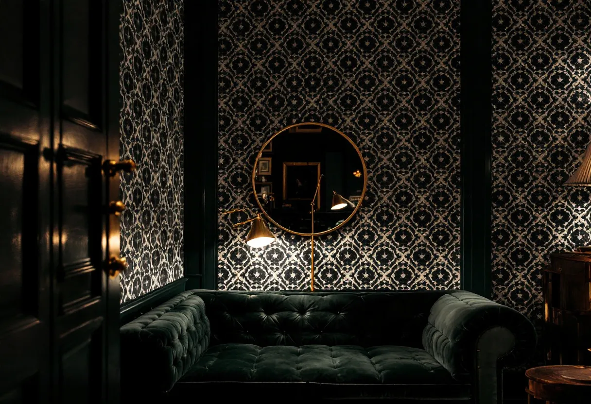 This moody office exudes elegance and sophistication through its dark and dramatic design choices. The patterned wallpaper, with its intricate black and white design, casts an air of timeless class and nostalgia. The deep green velvet sofa provides a luxurious touch, inviting one to sink into its plush embrace and adding to the richness of the space. A circular mirror on the wall reflects the room subtly, enhancing the feeling of depth and intrigue.

Warm, ambient lighting is strategically placed to create a cozy atmosphere, emphasizing the room's texture and opulence. Golden accents, like the standing lamp and door handles, add a touch of understated glamour, breaking up the darker palette with subtle highlights. Overall, the office is a blend of classic and modern elements, making it an ideal space for reflection, creativity, or simply enjoying a moment of calm sophistication.