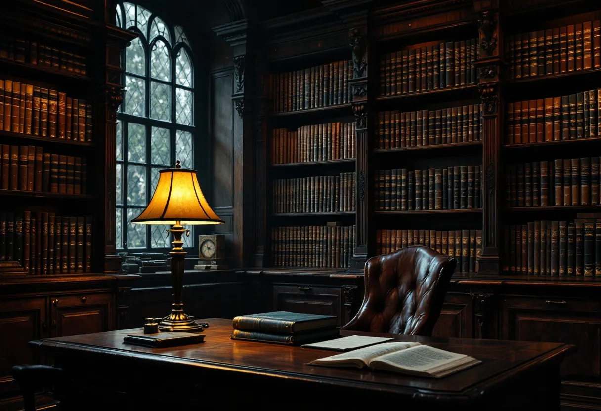 This moody office exudes an aura of timeless elegance and contemplative calm. Dominated by rich, dark wood, the space feels both inviting and dignified. The towering shelves, filled with leather-bound books, suggest a depth of knowledge and history, their warm tones catching soft light from the surrounding shadows. An imposing, plush leather chair rests behind the workspace, suggesting a spot for reflection and careful thought. The presence of a classic table lamp on the desk casts a gentle, golden glow, adding to the intimate atmosphere of the room. 

The large, arched window, with its intricate design, allows a muted light to filter through, further enhancing the room’s somber yet inviting feel. The view outside is partly obscured, offering a sense of seclusion. Adding to the room’s character is an antique clock, a subtle nod to the passage of time, positioned thoughtfully on a side shelf. This moody office offers a serene retreat, perfect for deep work, study, or moments of introspection, capturing the essence of a classic study with its quiet charm.