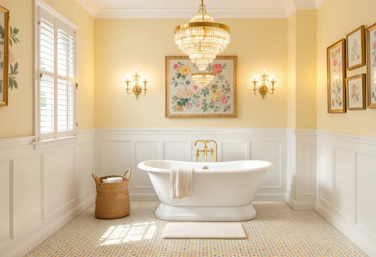 This preppy bathroom exudes a charming and classic elegance with its sophisticated design elements. The centerpiece is a luxurious freestanding bathtub, complemented by golden fixtures that add a touch of opulence. Above the tub hangs a stunning chandelier with cascading tiers of crystals, which illuminates the room and adds a glamorous ambiance. The walls are adorned with wainscoting, painted in a crisp white that contrasts beautifully with the soft pastel yellow hue of the upper walls. This color palette creates a warm and inviting atmosphere, perfect for relaxation.

Floral artwork in ornate gold frames decorates the walls, enhancing the preppy aesthetic with delicate, colorful floral patterns that bring a touch of nature indoors. The large windows fitted with white shutters allow natural light to flood the space, highlighting the intricate tile flooring that mirrors the room’s color scheme. A woven basket holding rolled towels adds a casual yet thoughtful touch, blending functionality with style. Overall, this bathroom achieves a perfect balance between sophistication and comfort, making it an ideal retreat for unwinding.