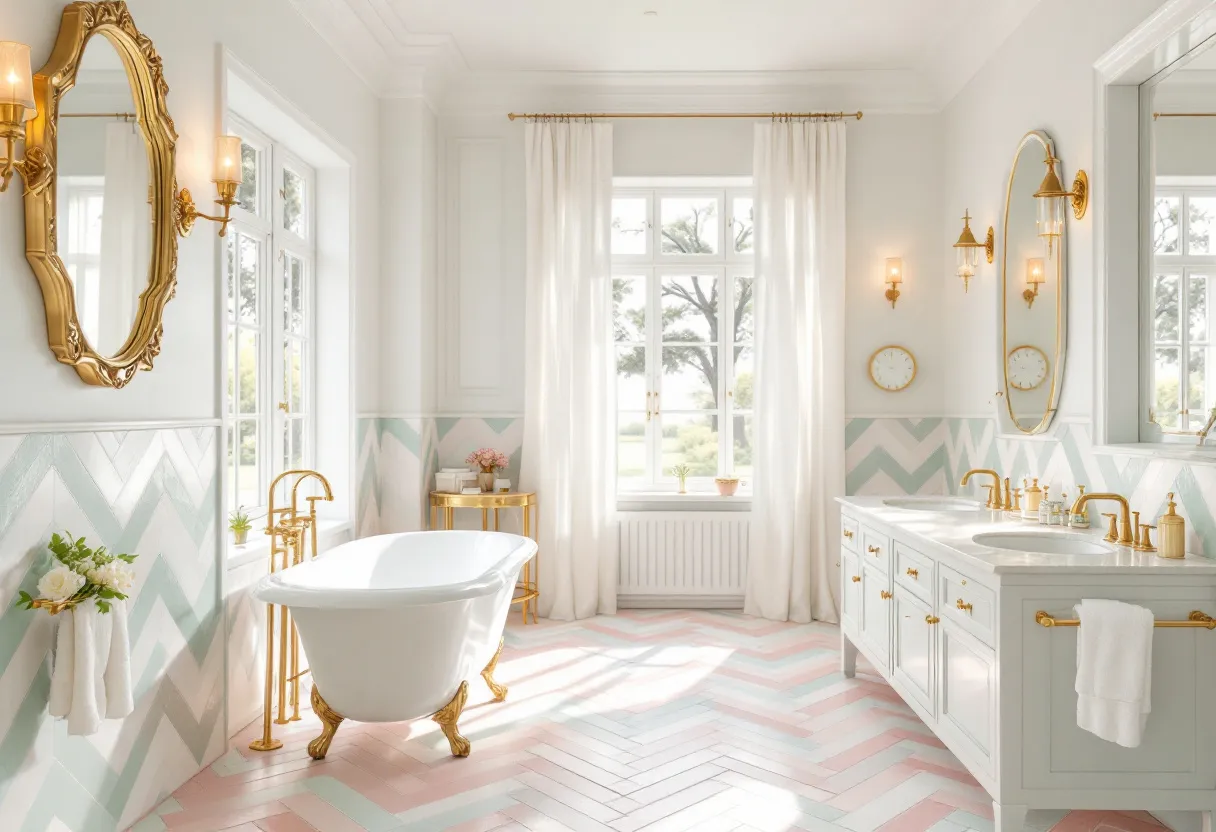 This preppy bathroom exudes a chic and classic charm with its thoughtfully coordinated elements. The focal point is the elegant clawfoot tub, standing gracefully on golden feet that add a touch of luxury to the space. The walls are adorned with a sophisticated chevron pattern in pastel shades, creating a soothing and stylish backdrop. Luxurious gold fixtures and light sconces enhance the opulent feel, effortlessly blending functionality with design.

Natural light floods the space through large windows, highlighting the room’s airy and bright atmosphere. The double vanity features sleek countertops, providing ample space adorned with refined accents. A large, ornate golden mirror sits complementarily between two smaller mirrors, amplifying the room's brightness and elegance. Soft, flowing curtains frame the windows, adding a touch of softness and movement to this impeccably styled bathroom retreat.