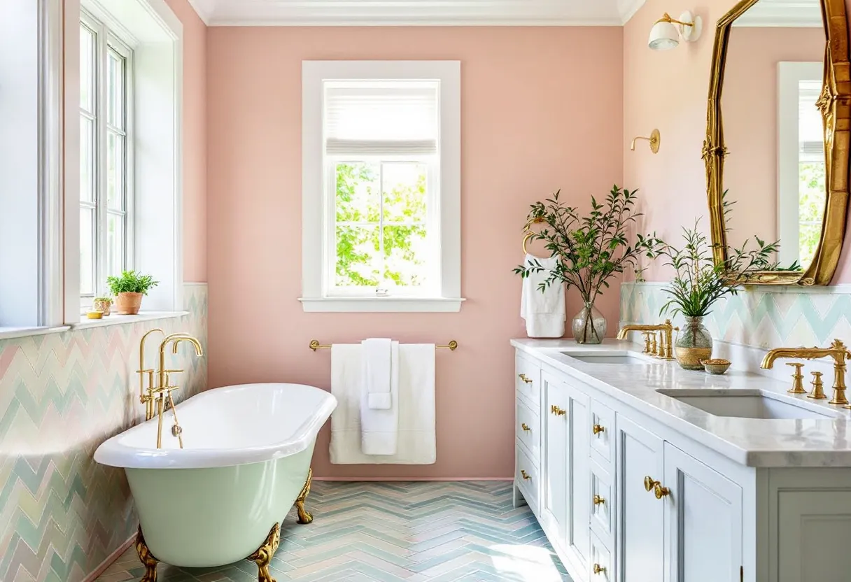 This preppy bathroom exudes a charming blend of classic elegance and contemporary flair. The soft pink walls create a warm and inviting atmosphere, perfectly complemented by the natural light streaming in through the large windows. The freestanding bathtub with its graceful curves and vintage-style golden clawfoot accents stands out as a centerpiece, offering both functionality and a touch of opulence.

The room features a double vanity with a marble countertop, which seamlessly blends with the pastel tones of the zigzag patterned floor. Elegant gold fixtures, including the faucets and towel holders, add a luxurious touch and enhance the overall sophisticated vibe. The large mirror with an ornate frame reflects the botanical elements placed on the counter, bringing a hint of nature into the space. This harmonious blend of textures and colors makes the bathroom a serene and stylish retreat.