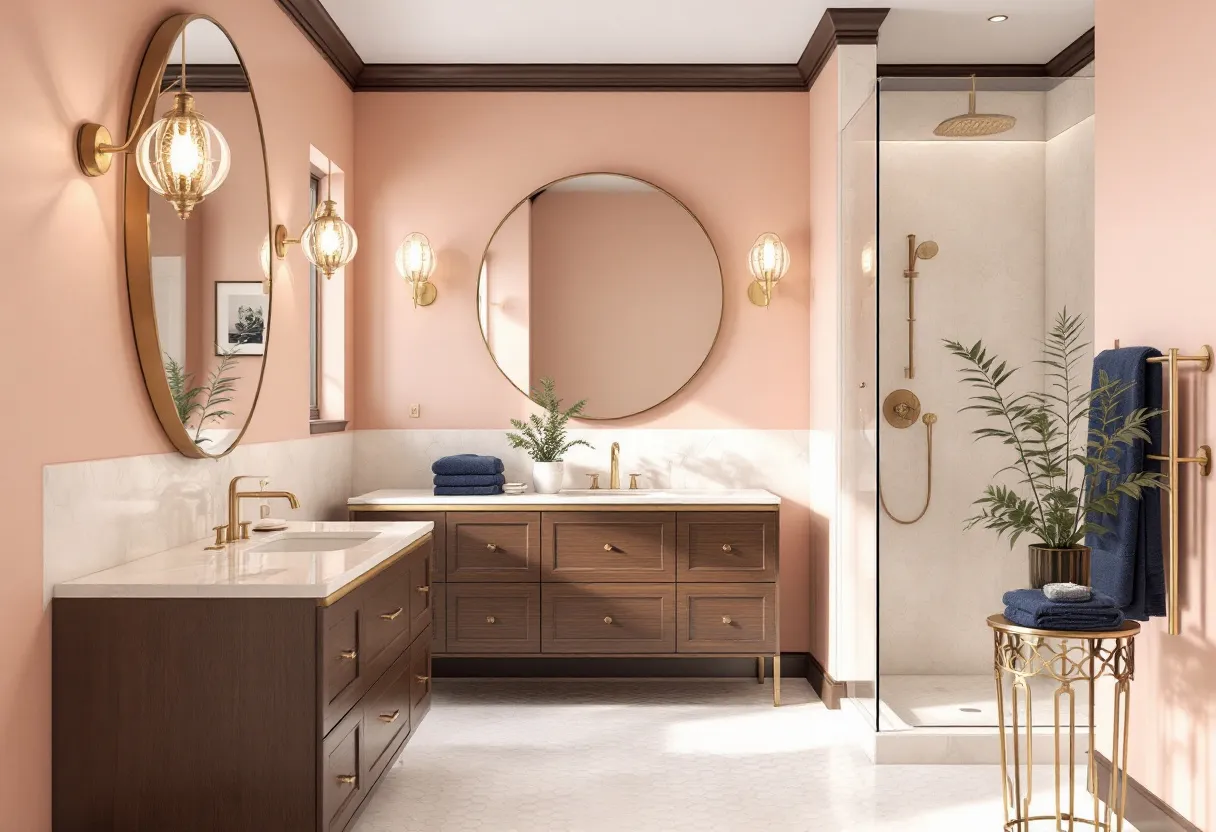 This preppy bathroom exudes a sense of elegance and warmth with its soft pink walls that create a welcoming atmosphere. The choice of gold accents, seen in the light fixtures, faucet, and shower hardware, adds a touch of luxury and sophistication. Large, round mirrors mounted on the walls enhance the space by reflecting light and creating an illusion of a larger area. The cabinetry features rich wood tones, complementing the pink walls and gold accents beautifully, while offering ample storage space beneath the pristine white countertops.

The combination of materials and colors results in a harmonious and stylish design. The shower area, enclosed by clear glass, features elegant gold hardware and a rainfall showerhead, providing a modern yet classic touch. Greenery placed on the countertop and side table contributes a refreshing natural element. Overall, the balance of soft hues, natural textures, and metallic finishes creates a preppy bathroom that is both functional and visually appealing.