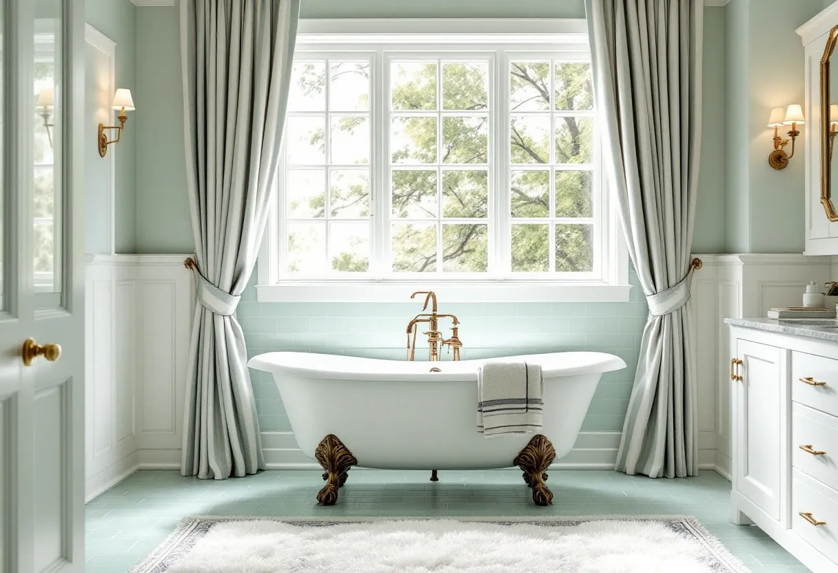 This preppy bathroom exudes an air of classic elegance and serenity, featuring a beautifully designed clawfoot bathtub as its centerpiece. The tub's ornate, vintage-style legs add a touch of sophistication, complementing the soft pastel tones of the room. Large windows allow natural light to flood in, highlighting the subtle mint-green walls and harmonizing with the crisp white trims and paneling. Plush curtains frame the window, adding a sense of luxury while maintaining a cohesive color palette.

The room's attention to detail is evident in its choice of fixtures and accents. Brass hardware throughout enhances the traditional feel, from the lighting sconces to the faucet details. A plush white rug lies on the floor, offering comfort and warmth underfoot. The cabinetry, with its clean lines and elegant marble countertop, reinforces the room's refined aesthetic. Overall, the bathroom creates a tranquil retreat that combines both functionality and timeless style.