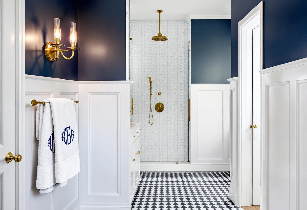 This preppy bathroom exudes a classic and sophisticated charm, combining elegant elements with a nautical color scheme. The deep navy upper walls create a rich backdrop that contrasts beautifully with the crisp white wainscoting below, setting a timeless tone for the space. The use of gold hardware throughout, such as the ornate wall-mounted towel bar and vintage-style light fixtures, adds a touch of luxury and warmth to the room. The monogrammed towels further highlight the personalized and refined aesthetic often associated with a preppy style.

The shower area features a chic, subtle patterned tile that complements the geometric black-and-white checkerboard floor, adding visual interest without overwhelming the overall design. The gold fixtures in the shower maintain the cohesive color palette, echoing the elegance of the rest of the bathroom. This combination of classic patterns, coordinated colors, and luxurious materials results in a bathroom that is both stylish and inviting, embodying the essence of preppy interior design.