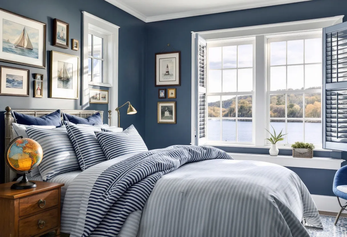 This preppy bedroom showcases a classic nautical theme, predominantly decorated in shades of navy blue and white. The walls feature a deep blue color that complements the white trim around the windows, creating a crisp, clean look typical of preppy style. The bedding continues this theme with elegant striped patterns that echo the maritime motif. The bed is adorned with an array of plush pillows, each sporting alternating stripes in blue and white, adding layers of texture and comfort. The use of these colors and patterns gives the room a sophisticated yet relaxed coastal vibe.

The room is adorned with framed nautical artwork that enhances the seaside aesthetic. A collection of sailboat prints and nautical-themed pieces are arranged on the walls, adding interest and a personal touch. Natural light streams through the plantation shutters, illuminating the room and highlighting the view outside, which features a serene landscape by the water. A small wooden side table beside the bed holds a globe and a brass lamp, adding a touch of vintage charm and warmth to the space. The overall atmosphere is one of timeless elegance that invites relaxation and reflection.