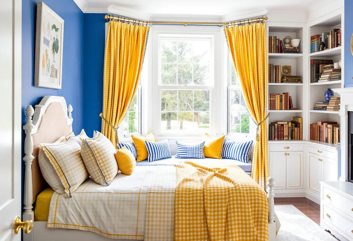 This preppy bedroom exudes a vibrant and welcoming atmosphere, characterized by its bold color palette and classic design elements. The room features striking blue walls that create a crisp backdrop, against which the yellow gingham curtains and bedding make a lively contrast. The bed, with its white frame and upholstered headboard, is dressed in matching yellow and white checkered linens, paired with an array of coordinating pillows that blend stripes and solids, adding layers of pattern and texture.

Natural light streams in through a large window, enhancing the room's cheery ambiance and illuminating the built-in white bookshelves that frame the bed. These shelves are neatly arranged with a mixture of vintage books and decorative objects, adding a touch of sophistication and coziness. The harmonious combination of the blue and yellow tones partnered with the polished white accents gives the room a fresh and timeless appeal, perfectly embodying a classic preppy style.