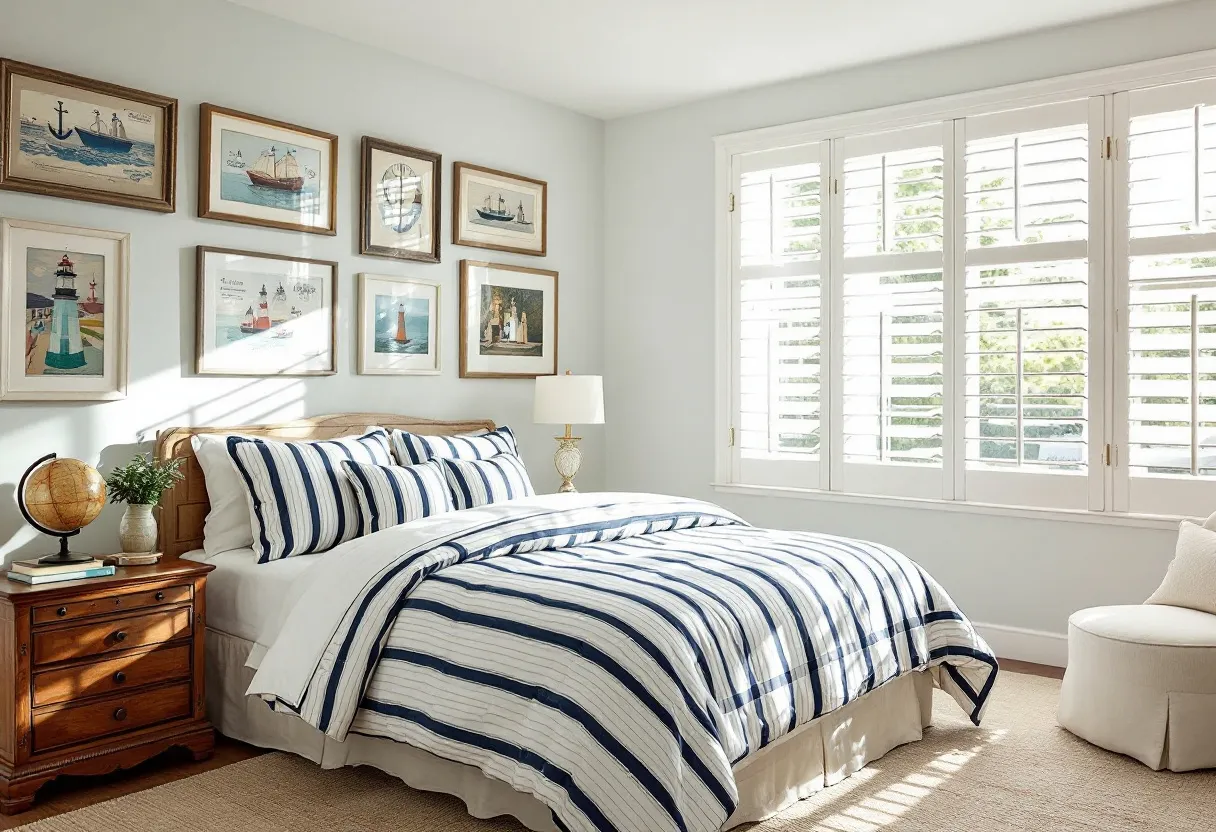 This preppy bedroom exudes a coastal charm with its nautical theme. The dominant blue and white striped bedding sets a crisp, clean tone, complemented by a series of framed maritime prints on the wall. These prints, consisting of ships and lighthouses, neatly arranged in rows, enhance the room’s seafaring vibe. The soft gray walls provide a serene backdrop, harmonizing well with the natural light streaming through the white plantation shutters on the windows.

The room features a classic wooden nightstand which adds warmth and a touch of traditional elegance to the space. On top of it, a small globe and a stack of books add a personal, scholarly touch, while a stylish table lamp with a cream shade provides soft lighting. The round, upholstered chair in the corner invites relaxation, making the room a cozy retreat. Overall, the tasteful blend of nautical elements and classic furnishings creates an inviting, refined atmosphere.