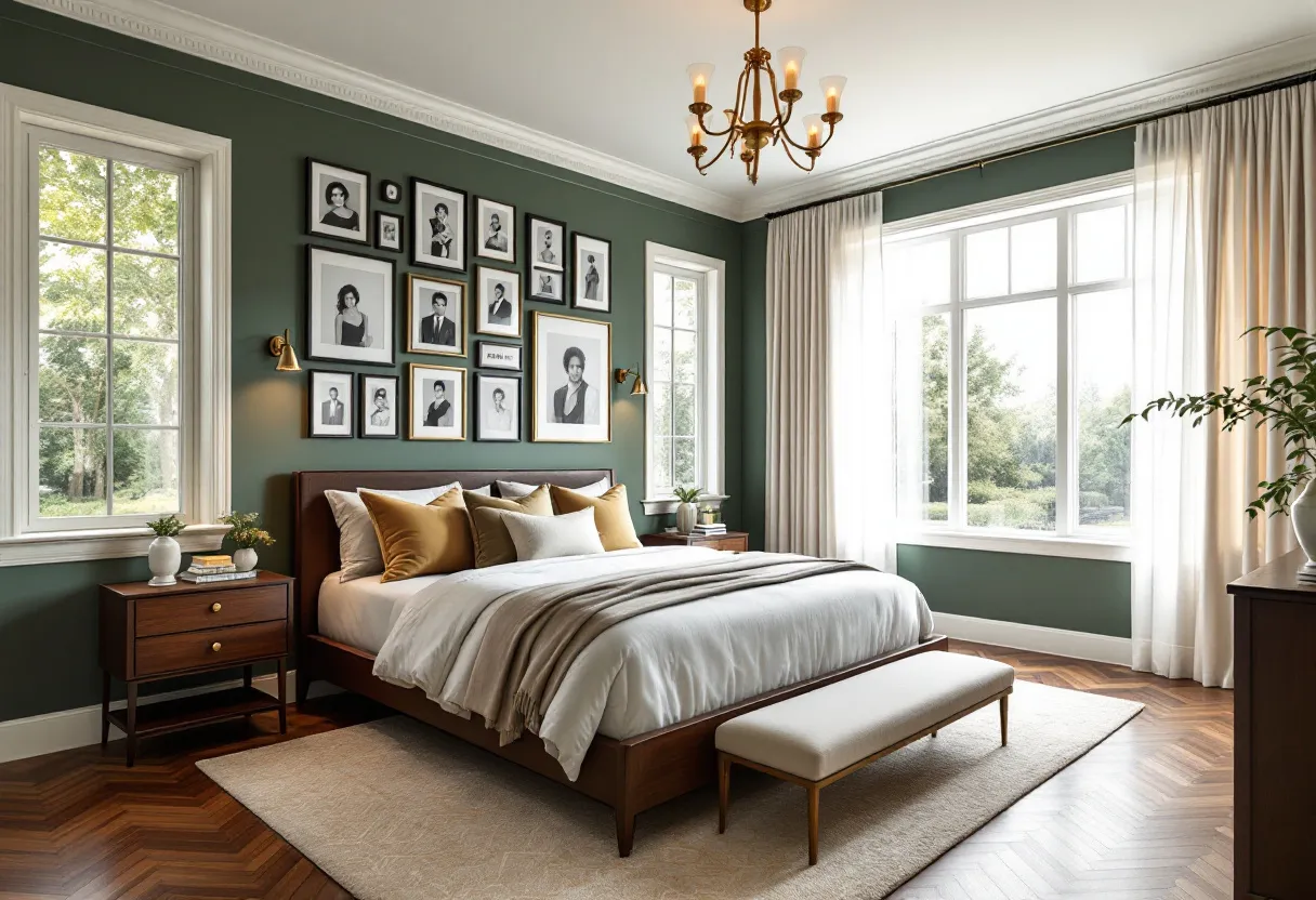 This preppy bedroom exudes a sophisticated charm with its elegant design and harmonious color palette. The walls are painted a refined, deep green that complements the classic herringbone wood flooring, creating a warm and inviting atmosphere. Large windows allow natural light to flood the space, enhancing the room's airy and open feel. The bed, with its crisp white linens and plush throw pillows in muted gold and brown tones, serves as the focal point, while a sleek bench at the foot of the bed adds both functionality and style.

Artwork plays a significant role in the decor, with a gallery wall displaying a collection of neatly framed black and white portraits, adding a personal touch and a sense of timelessness. A tasteful chandelier hangs from the ceiling, providing ambient lighting that accentuates the room's elegance. Two bedside tables flanking the bed offer balance and practicality, each adorned with small decorative items and books. The overall aesthetic is one of understated luxury, creating a serene and polished retreat.