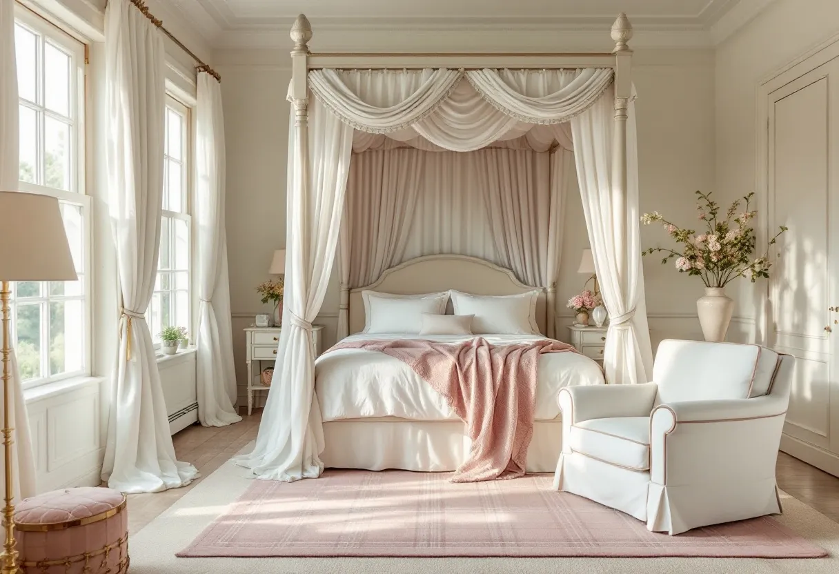 This preppy bedroom exudes an air of elegance and sophistication, characterized by its soothing, pastel color palette and classic furniture choices. The focal point is the grand canopy bed adorned with draped, flowing curtains in a soft ivory hue that adds a touch of grandeur. The bed itself is inviting, topped with plush, crisp white bedding and accented by a textured pink throw that introduces a gentle warmth to the space. An oversized upholstered chair in white complements the bed, offering a cozy spot for relaxation. 

The room is bathed in natural light filtering through large windows, framed by long, elegant drapes. This illumination enhances the room's airy and serene atmosphere, emphasizing the carefully curated decor. A pair of matching bedside tables sit symmetrically beside the bed, each topped with a tasteful lamp and a small floral arrangement. A larger vase of fresh flowers adds a touch of freshness to the room. A soft, pink area rug underfoot ties together the room's delicate color scheme, adding a layer of texture and comfort to the hardwood flooring. Overall, the bedroom embodies a harmonious blend of classic and contemporary elements, resulting in a space that feels both timeless and chic.