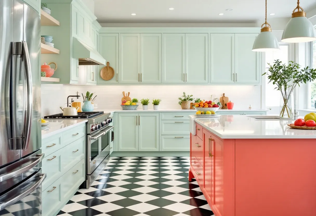 This preppy kitchen exudes a vibrant and cheerful ambiance, with a delightful combination of pastel colors and classic design elements. The cabinetry is painted in a soft mint green, which pairs beautifully with the sleek stainless steel appliances and the polished chrome hardware. The upper cabinets are adorned with simple yet elegant molding, giving them a timeless look. Open shelving adds a modern touch, displaying colorful dishware that complements the pastel theme. A subtle white tiled backsplash provides a clean and seamless backdrop, enhancing the kitchen's airy atmosphere.

The centerpiece of this kitchen is the eye-catching coral island, which introduces a lively contrast to the mint cabinets. Its white marble countertop adds a touch of elegance, while the brass pendant lights hanging above contribute a warm, inviting glow. The black-and-white checkered floor brings a retro flair, perfectly balancing the contemporary and vintage styles. Potted plants and fresh fruits are strategically placed around, adding splashes of natural color and life, reinforcing the kitchen's fresh and inviting feel.