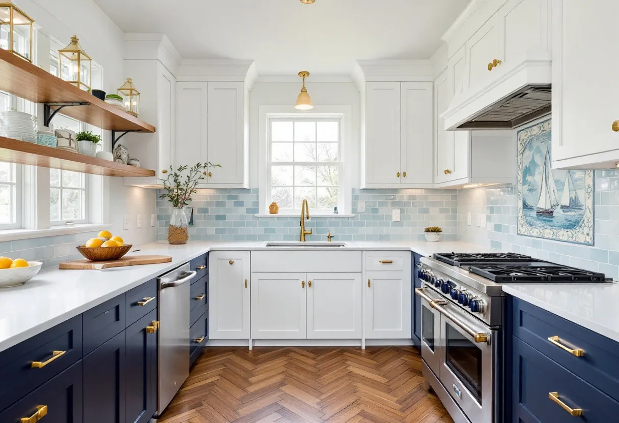 This preppy kitchen exudes a classic yet contemporary charm, with its crisp white cabinetry that contrasts beautifully against the rich navy lower cabinets. The navy and white color scheme is complemented by brass hardware, adding a touch of elegance and warmth to the space. The backsplash features soft blue tiles that introduce a subtle pop of color, contributing to the kitchen's fresh and airy ambience. A brass faucet over a white sink under a sunlit window further enhances the light and inviting atmosphere.

The space features open shelving, which offers both functionality and an opportunity to display stylish dishware and decor. A sleek stainless steel dishwasher and a large professional-grade stove with an eye-catching nautical tile mural above it further demonstrate the blend of modernity and timelessness in the kitchen design. The herringbone wood floor introduces an element of texture and warmth, grounding the overall decor with its natural tones. Overall, the kitchen combines functionality with a refined aesthetic, making it an inviting focal point of the home.